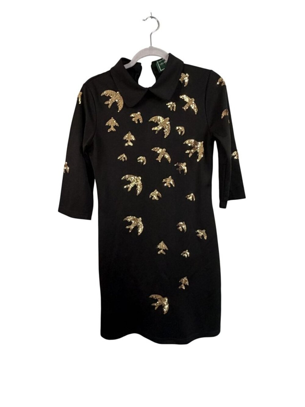 Black Dress With Gold Sequin Bird Detail & Peter Pan Collar 3/4 Sleeves Back Zip